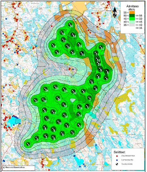 Päiväajan suunnitteluohjearvo (L Aeq 7-22 ) 40 db alittuu läheisillä Natura- ja luonnonsuojelualueilla lukuun ottamatta Torisaaren länsiosaa, jossa melutaso on noin 41 db.