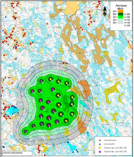 Kuva 18-9. Melumallinnuksen tulokset hankevaihtoehdossa 3, kun tuulivoimaloiden äänitehotasot ovat 106,0-106,5 db (mallinnustilanne 6). Taulukko 18-8.