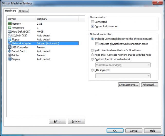 22 Kuvio 5. Verkkosovittimen asetusvalikko VMware Workstation -ohjelmassa Neljäs vaihtoehto on oma verkkoasetus eli custom.