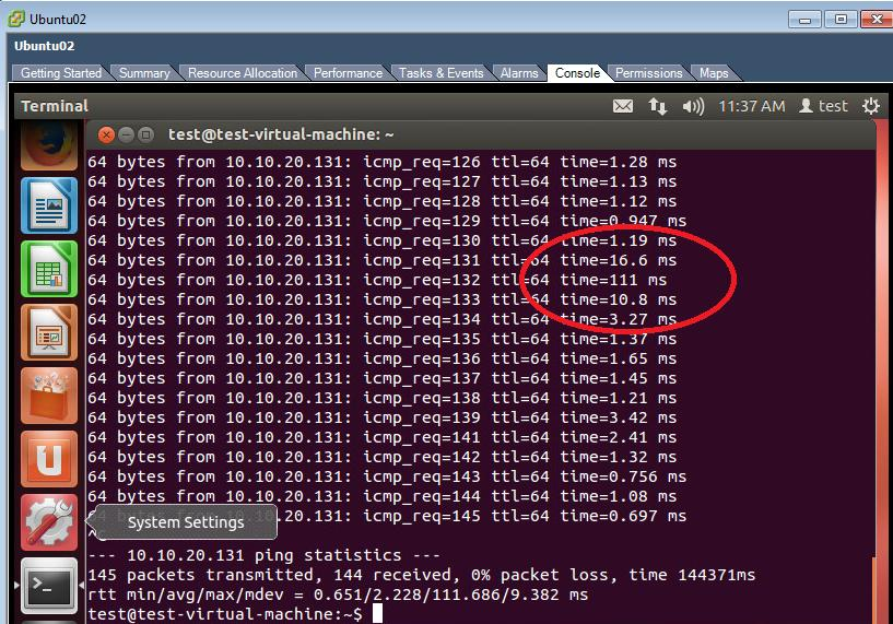 Onnistuneen vmotion-siirron jälkeen molemmat koneet ovat suoritusessa samalla ESXipalvelimella Kuviossa 50 on kuvankaappaus Ubuntu02-koneella tapahtuneesta PING-komennon suorittamisesta.