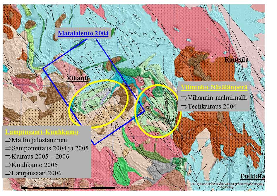 6 Syväkairaus keskitettiin sekä Kuuhkamon että Lampinsaaren esiintymien välittömään läheisyyteen reikäpituuden ollessa noin 300-600 m.