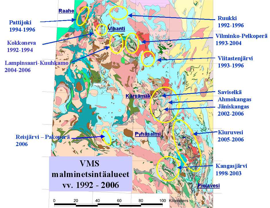 5 Kuva 1. GTK:n Vihanti-Pyhäsalmi I- ja II- sekä Pohjanmaan sinkkivarojen kartoitus hankkeen malmitutkimusalueet Raahe- Laatokka vyöhykkeen luoteisosassa vuosina 1992-2006. 3.
