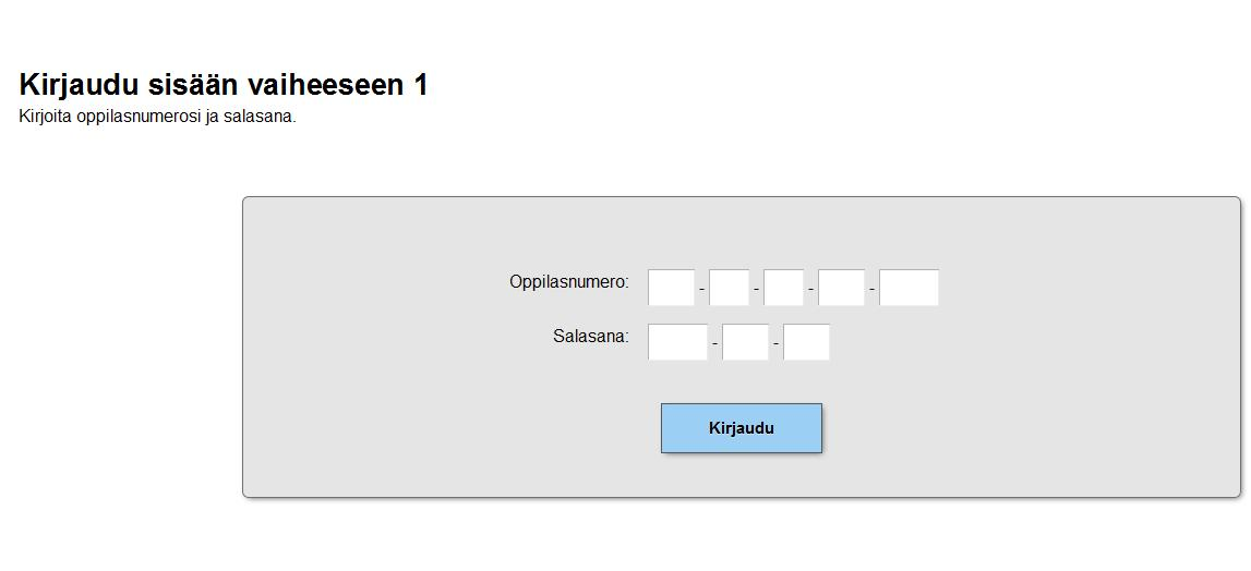Kirjautuminen ja koetehtävät Kirjaudu saamillasi tunnuksilla Jatka koetta eteenpäin omaan tahtiin, tehtävien ohjeistuksen mukaan Kyseinen koe on demo versio ja sisältää