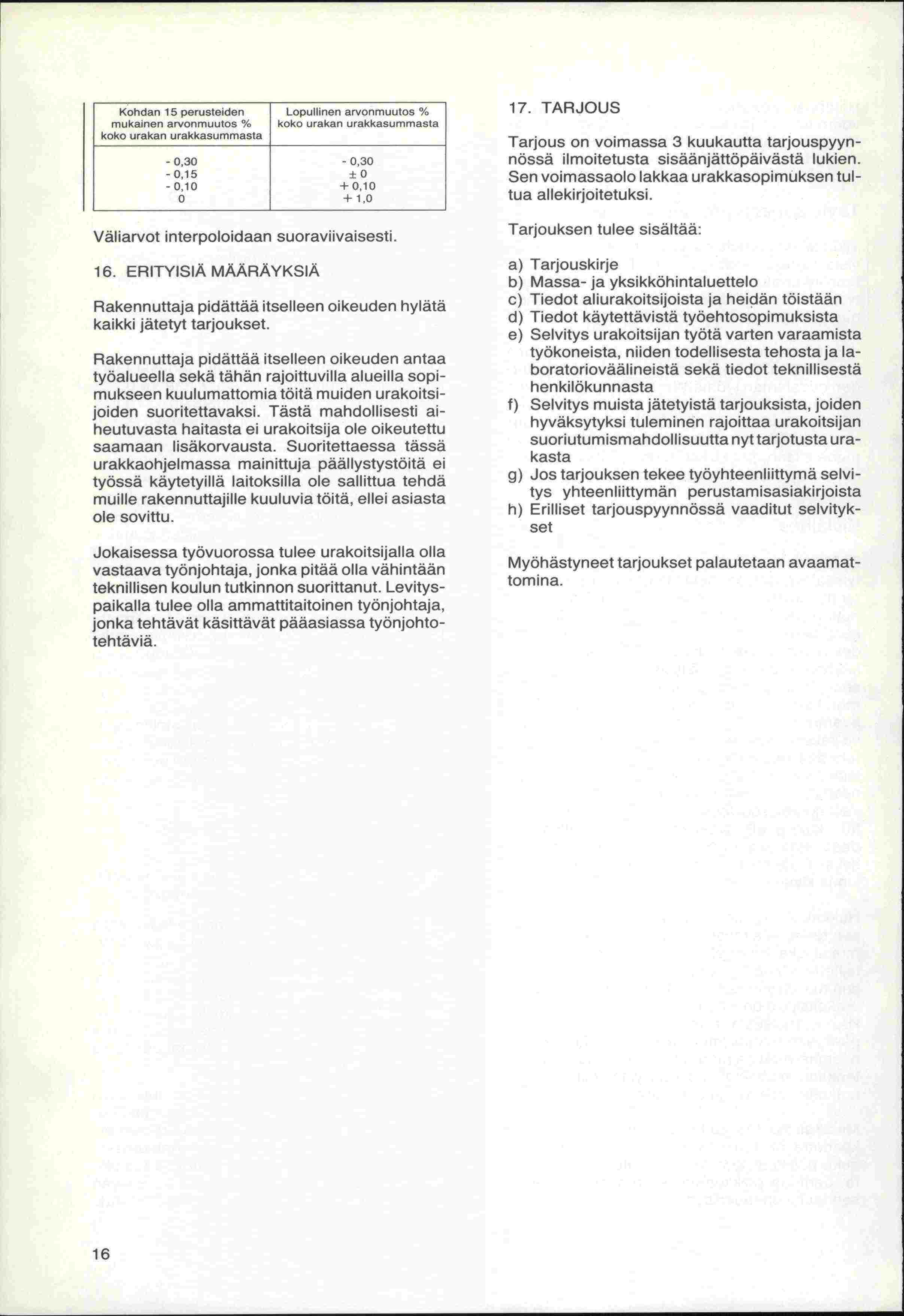 Kohdan 15 perusteiden Lopullinen arvonmuutos % mukainen arvonmuutos % koko urakan urakkasummasta koko urakan urakkasummasta -0,30-0,30-015 ±0-0,10 +0,10 0 +1,0 Väliarvot interpoloidaan