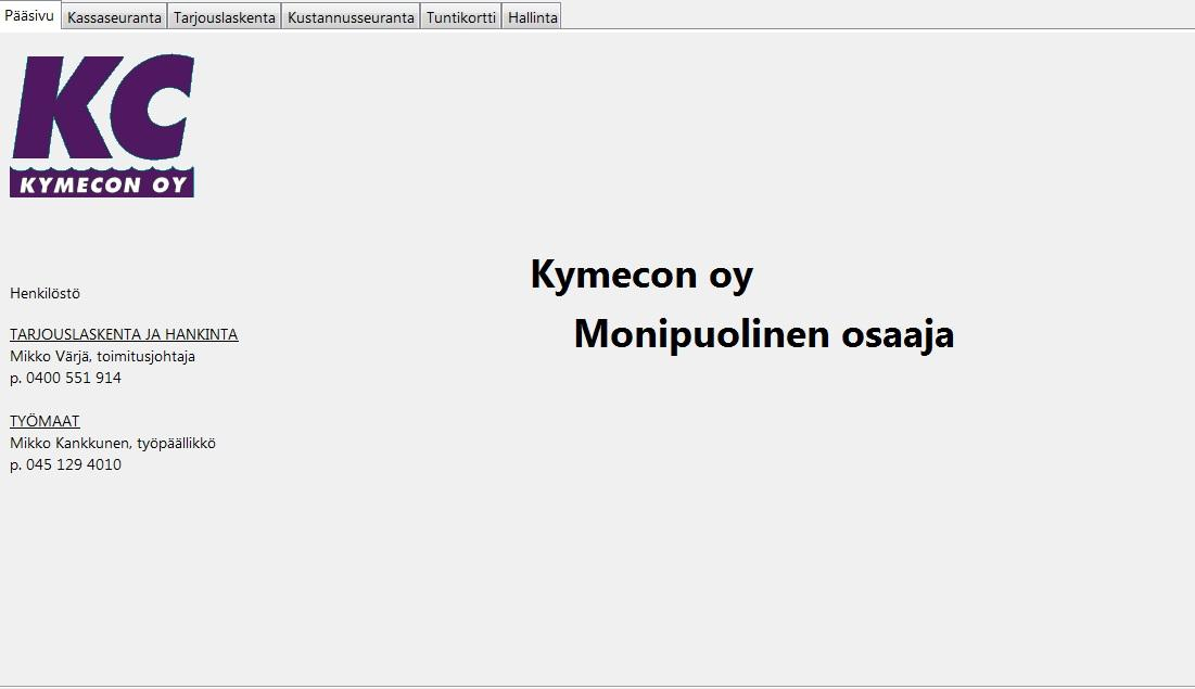 Sisäänkirjautumisen jälkeen aukeaa kuvassa 26 esitetty järjestelmän pääsivu, jolta käyttäjä valitsee halutun välilehden ja klikkaa sitä. Kuva 26.