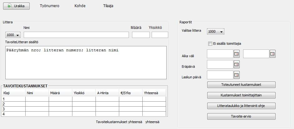 Pääryhmän lisäämisen jälkeen käyttäjä lisää pääryhmälle litteroita halutun määrän klikkaamalla - kuvakkeesta, jolloin ilmestyy uusi tyhjä littera rivi, jolle käyttäjä pääsee syöttämään tietoja.