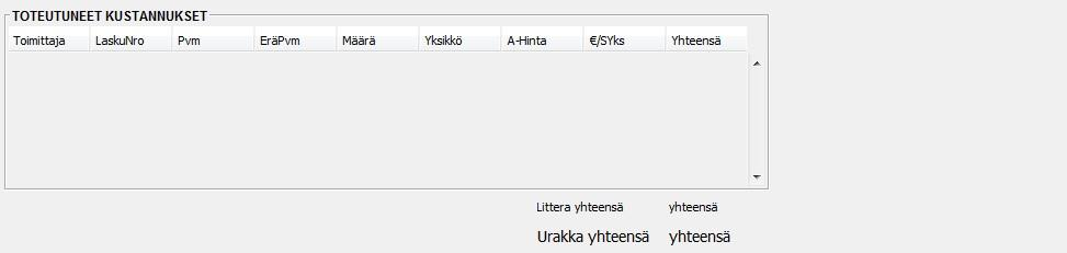 Litteran lisäämisen jälkeen käyttäjä syöttää litteralle resursseja halutun määrän klikkaamalla - kuvaketta, jolloin ilmestyy uusi resurssirivi jolle käyttäjä pääsee syöttämään tietoja.