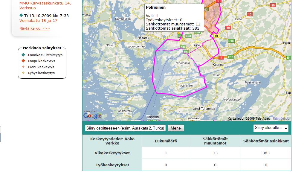 Keskeytysinfo Turku Energian verkkoalueella (Turku Energia 2009.