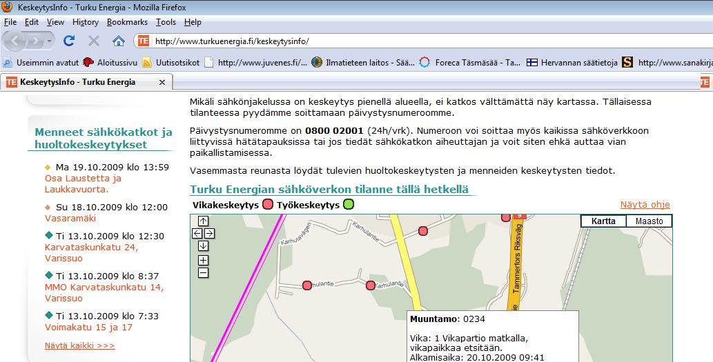 41 Kuva 14. Vikakartta muuntamotasolla (Turku Energia 2009). Tällä tasolla sähkötön muuntamo on merkitty punaisella, jos kyseessä on vika, ja vihreällä, jos kyseessä on suunniteltu keskeytys.