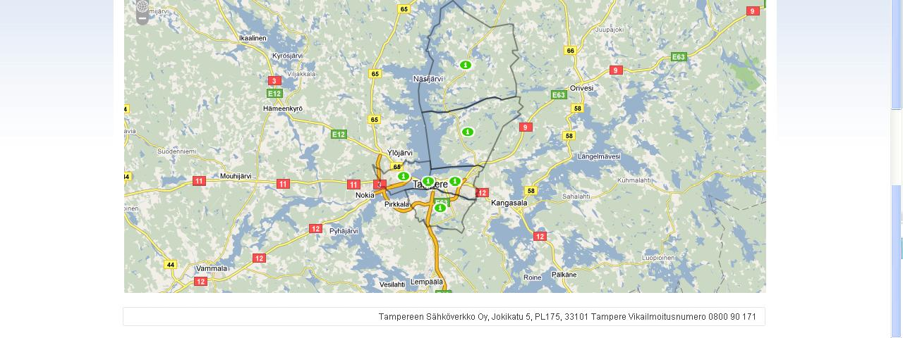 (Tampereen Sähköverkko 2009.) Keskeytyskartan ensimmäisellä tasolla yhtiön jakelualue on jaettu viiteen eri alueeseen. Kuva 21 esittää tätä kartan tasoa.