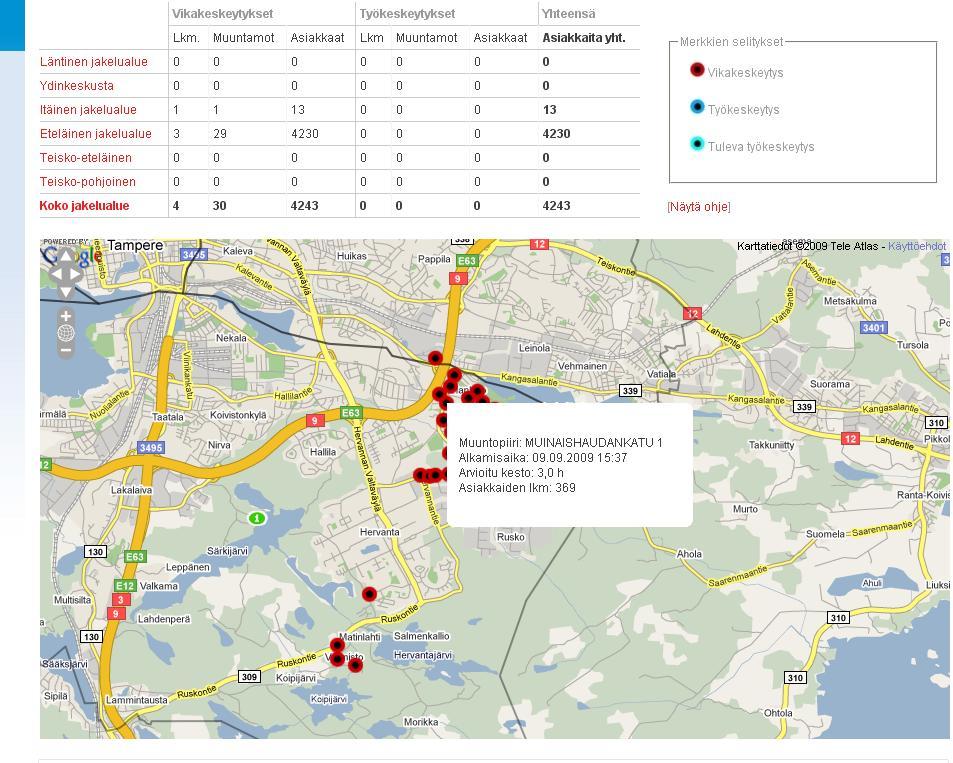 49 Kuva 22. Vikakartta muuntamotasolla (Tampereen sähköverkko 2009). Kartan lisäksi sivustolla on ilmoitettu keskeytyksistä taulukkona.