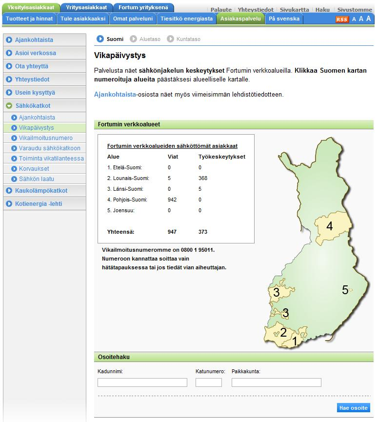 50 Kuva 23. Fortumin vikapäivystys (Fortum 2010.) Vikapäivystyssivustolla näkyy kartan vieressä taulukko sähköttömistä asiakkaista.