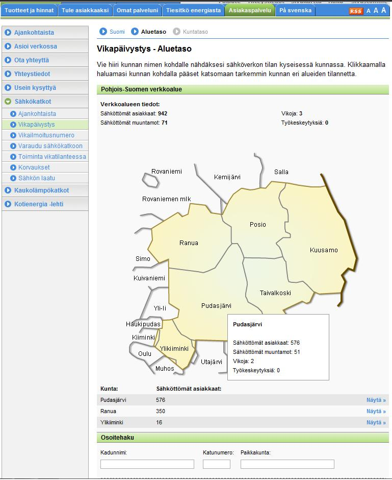 51 Kuva 24. Vikapäivystyksen aluetaso (Fortum 2010.) Aluetasolla kartan lisäksi näkyy taulukoituna alueen sähköttömien asiakkaiden ja muuntamoiden, vikojen sekä työkeskeytysten määrä.