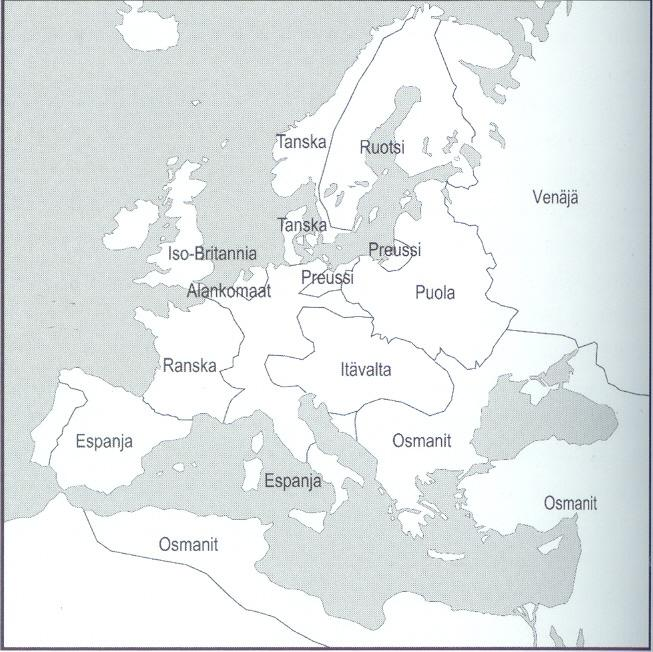 Aurinkokuninkaan aika (1643-1715) Sotilasmahdin uusjako Euroopassa: Osmanien voimat hiipuvat Espanja vararikossa Ruotsi liian pieni Puola sisäisessä hajoamistilassa Keisarikunta sekasorrossa