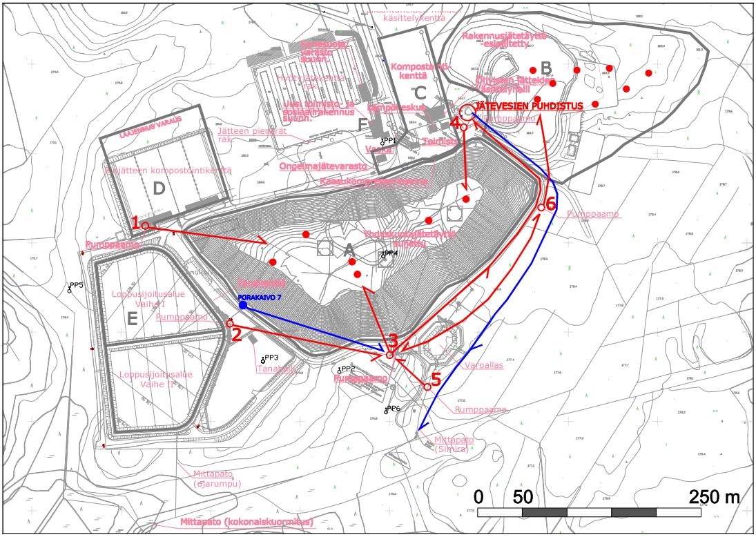 6 Kuva 3-1 Pumppaamot ja porakaivojen sijainnit alueella Pumppaamo 1 siirtää alueen D (biojätteen, metsä-tähteen ja rakennuspuun käsittelykenttä ja ref-halli) vedet loppusijoitusalueelle I (alue A)