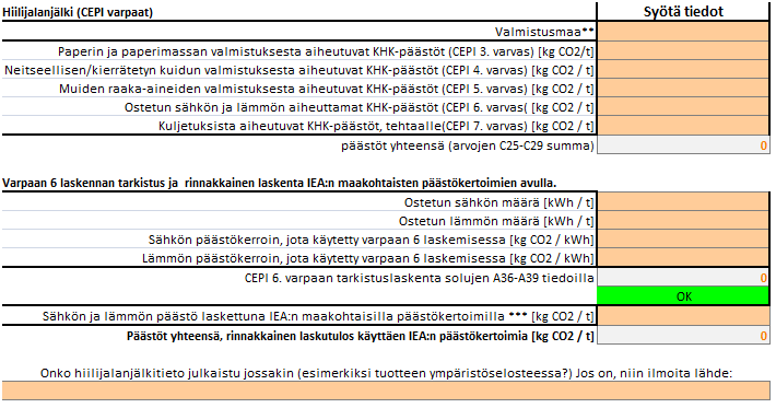 1 2 3 4 5 6 7 Kuva 2 Varpaan 6 tarkistuslaskenta tehdään kuvan kohdassa 5. Ensin kohdassa 4 annettujen tietojen avulla lasketaan automaattisesti varpaan 6 päästö (harmaa solu).