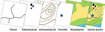 maanpinnan elementit ovat pikseleiksi muutettuina suorakulmaisia. (Löytönen ym. 2003, 70 71.) Rasterimuotoisia paikkatietoaineistoja ovat mm.