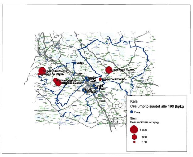 Kuva 5. Suurimmat cesium-pitoisuudet on havaittu suppilovahveroissa ja kangasrouskuissa Hämeenlinnan seudulla.
