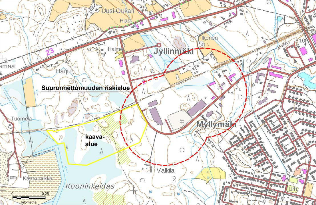 214005190 22 Ympäristökeskus Kuva 7 Suuronnettomuuden riskialue on merkitty punaisella rajauksella. Kaava-alue on merkitty keltaisella rajauksella. 5.