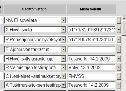 Mistä todettu-kentän täyttäminen N/A ei tarvitse täyttää X hyväksyntänumero (esim. e1*71/320*98/12*123123*00) P perusajoneuvon tyyppihyväksyntänumero, variantti ja versio (EY tai kansallinen, esim.