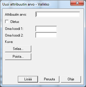 Liite 1 10(34) Uuden valikkoattribuutin lisääminen Attribuutin arvon syöttäminen Attribuutin valitseminen oletusarvoksi Kuva 11.