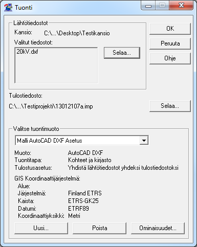 Liite 1 28(34) Taustakartat Tuotava tiedosto ja tuotavan tiedoston polku Polku jonne uusi tiedosto tulostetaan Tuontimuodon valinta ja valinnan ominaisuudet Kuva 35.