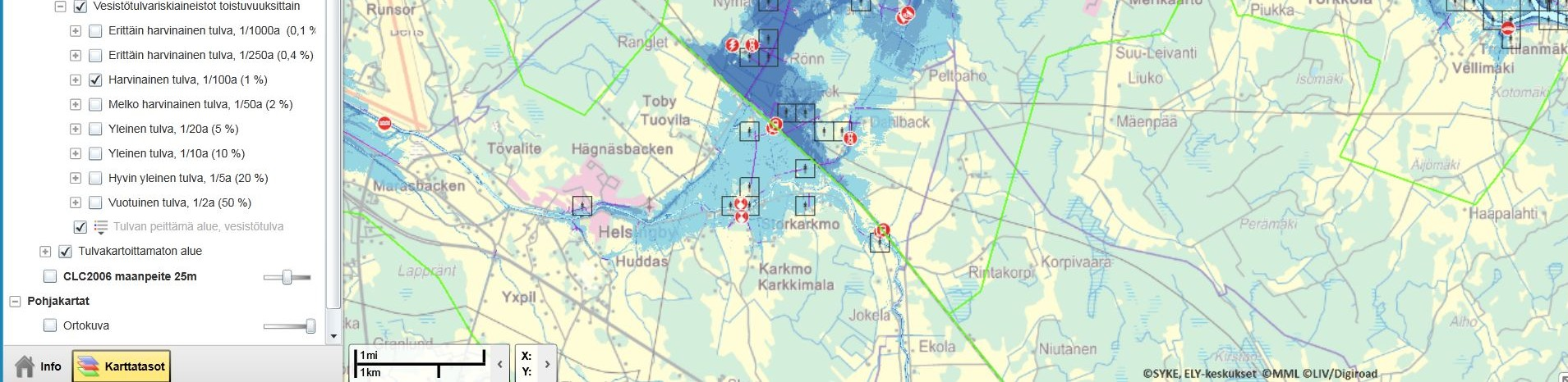 Kartoitetut alueet saadaan näkyville, kun kartan teemaksi valitaan haluttu tieto esim. vesistötulvat. Lähentämällä tietylle alueelle, esim.