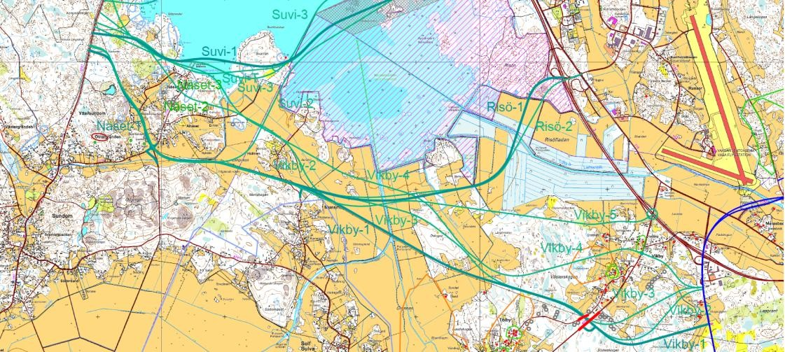 Kuva 49. Ote aluevaraussuunnitelmasta, jossa on esitetty vaihtoehtoisia tielinjauksia välille moottoritie-sundom eli ns. Satamatielle.