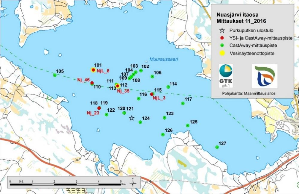 9 Kuva 2. YSI- ja CastAway-mittauspisteet marraskuussa 2016. Tutkimuspisteiden koordinaatit taulukoissa 1 ja 3. Vesinäytteenottokohdat on merkitty keltaisella (Taulukko 5).