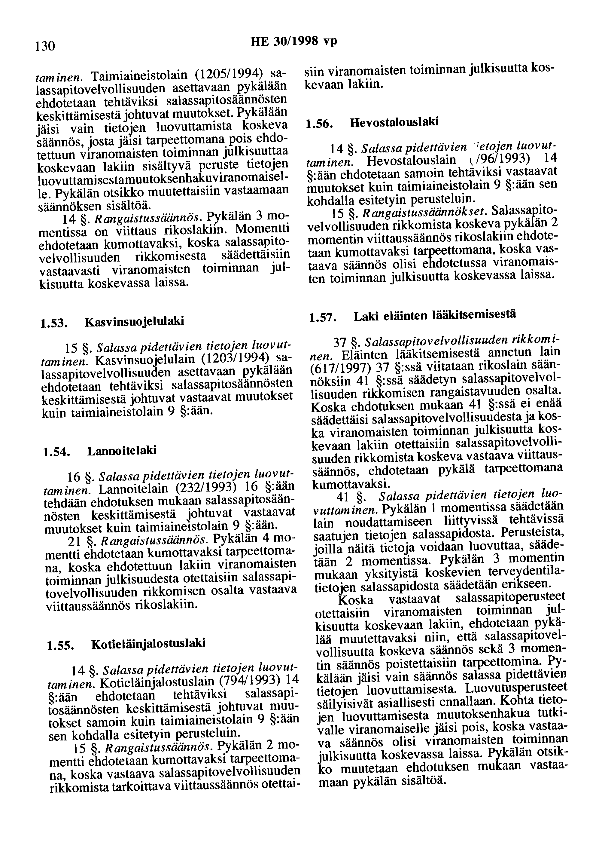 130 HE 30/1998 vp taminen. Taimiaineistolain (1205/1994) salassapitovelvollisuuden asettavaan pykälään ehdotetaan tehtäviksi salassapitosäännösten keskittämisestä johtuvat muutokset.