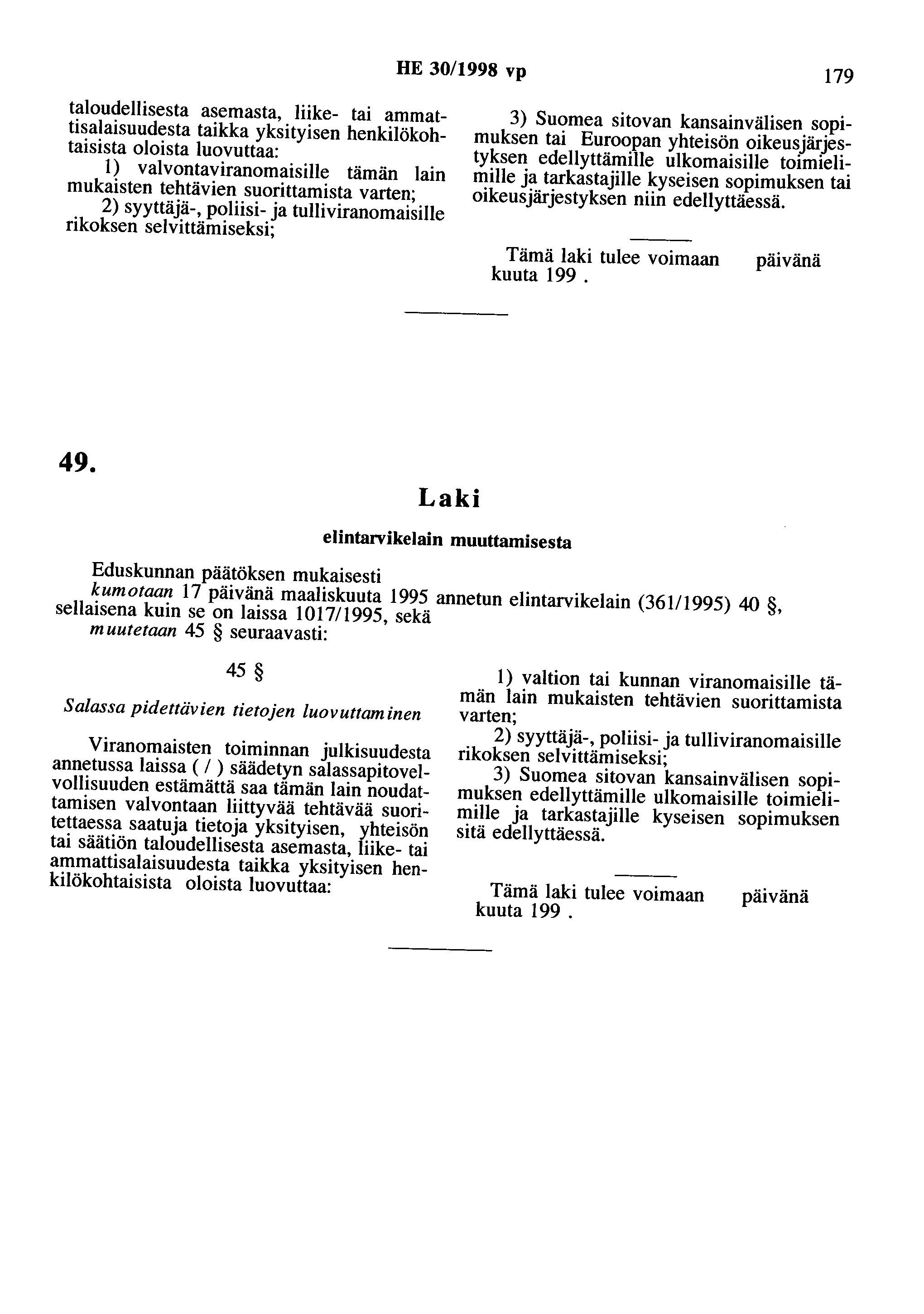 HE 30/1998 vp 179 taloudellisesta asemasta, liike- tai ammattisalaisuudesta taikka yksityisen henkilökohtaisista oloista luovuttaa: 1) valvontaviranomaisille tämän lain mukaisten tehtävien