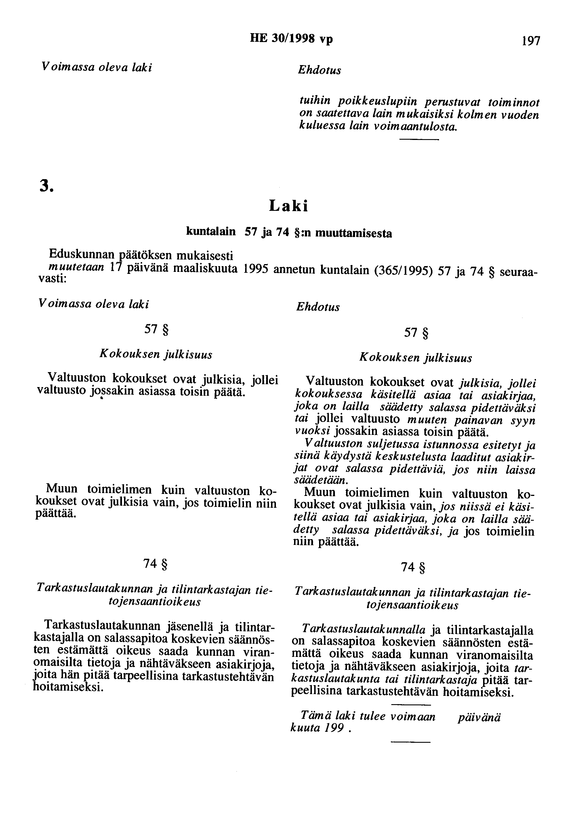HE 30/1998 vp 197 Voimassa oleva laki Ehdotus tuihin poikkeuslupiin perustuvat toiminnot on saatettava lain mukaisiksi kolmen vuoden kuluessa lain voimaantulosta. 3. kuntalain 57 ja 74 :n