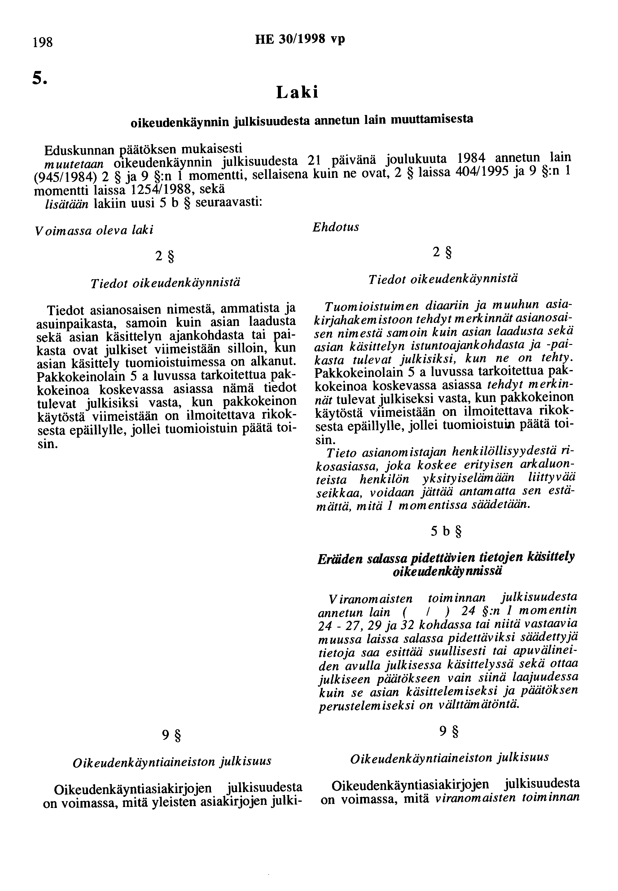 198 HE 30/1998 vp 5. oikeudenkäynnin julkisuudesta annetun lain muuttamisesta Eduskunnan J?