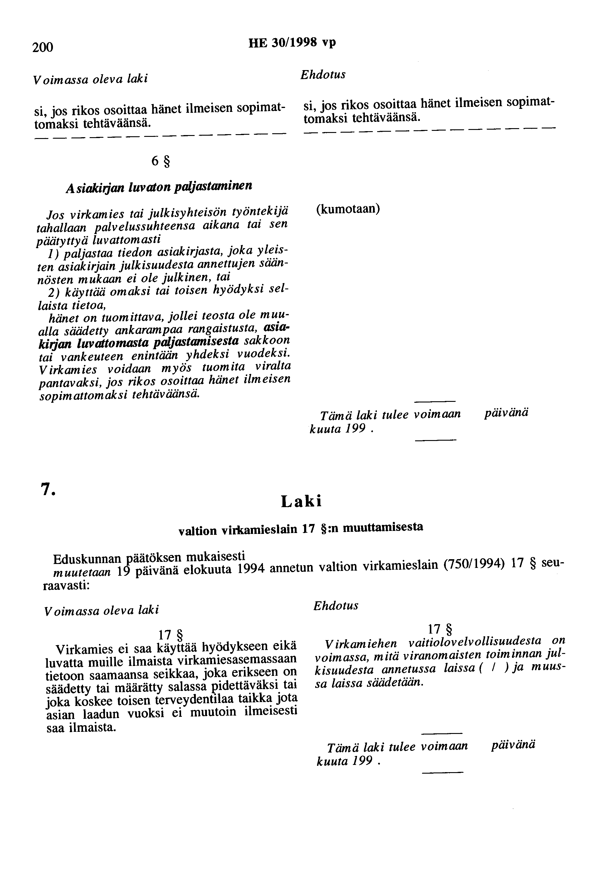 200 HE 30/1998 vp Voimassa oleva laki si, jos rikos osoittaa hänet ilmeisen sopimattomaksi tehtäväänsä. Ehdotus si, jos rikos osoittaa hänet ilmeisen sopimattomaksi tehtäväänsä.