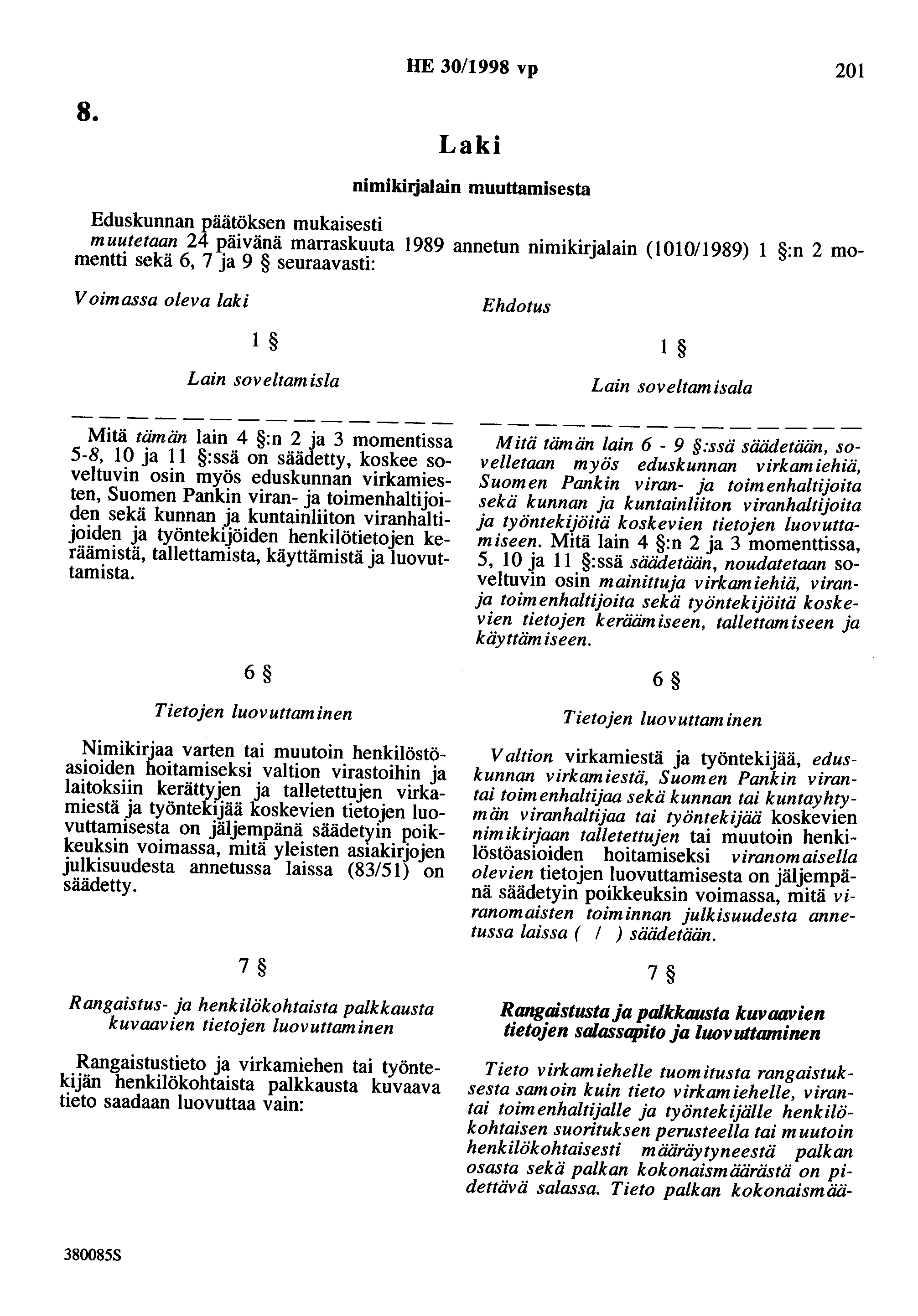 8. HE 30/1998 vp 201 nimikirjalain muuttamisesta muutetaan 24 marraskuuta 1989 annetun nimikirjalain (101011989) 1 :n 2 momentti sekä 6, 7 ja 9 seuraavasti: Voimassa oleva laki 1 Lain soveltamista