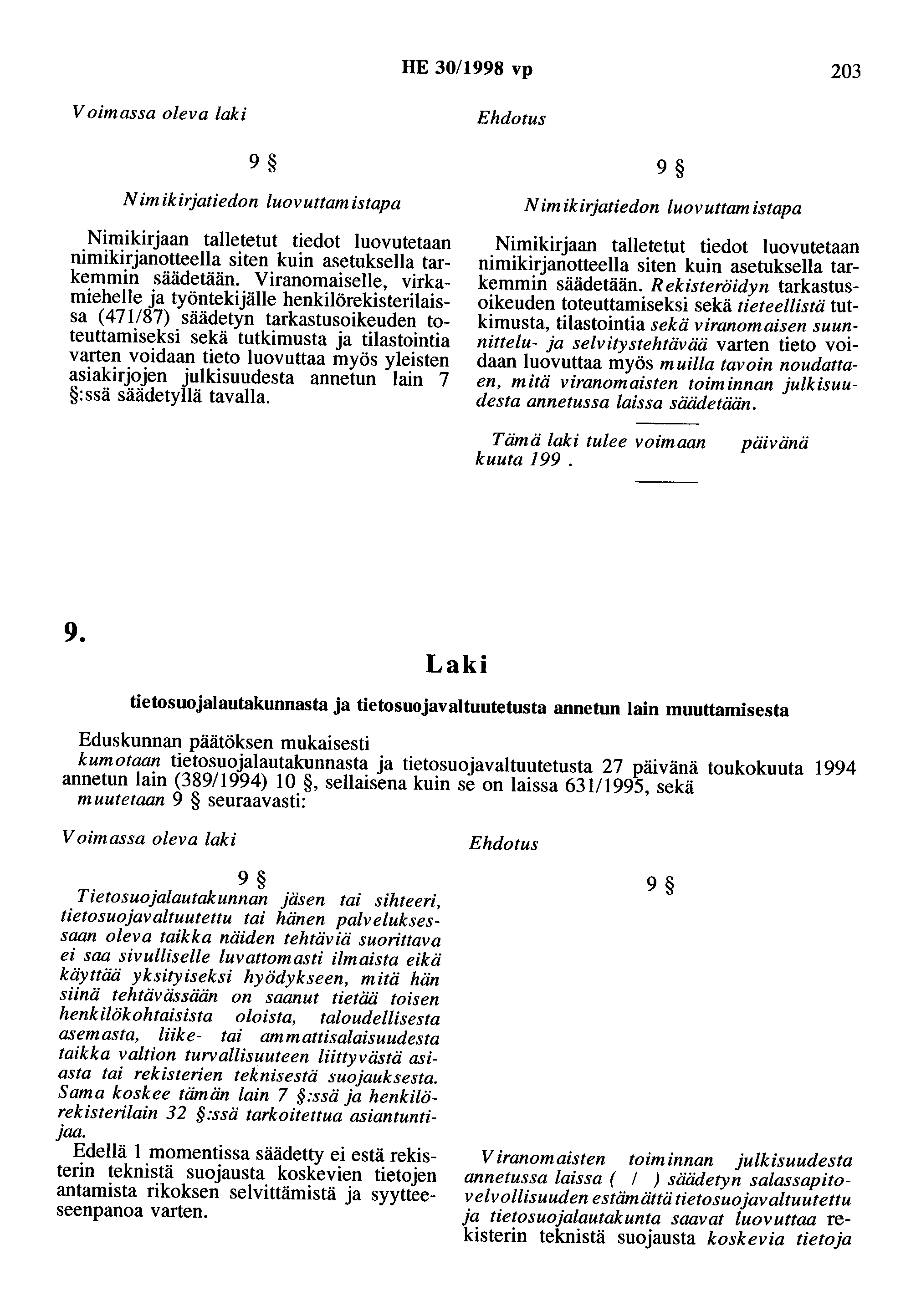 HE 30/1998 vp 203 Voimassa oleva laki Ehdotus 9 N imikirjatiedon luov uttam istapa Nimikirjaan talletetut tiedot luovutetaan nimikirjanotteella siten kuin asetuksella tarkemmin säädetään.