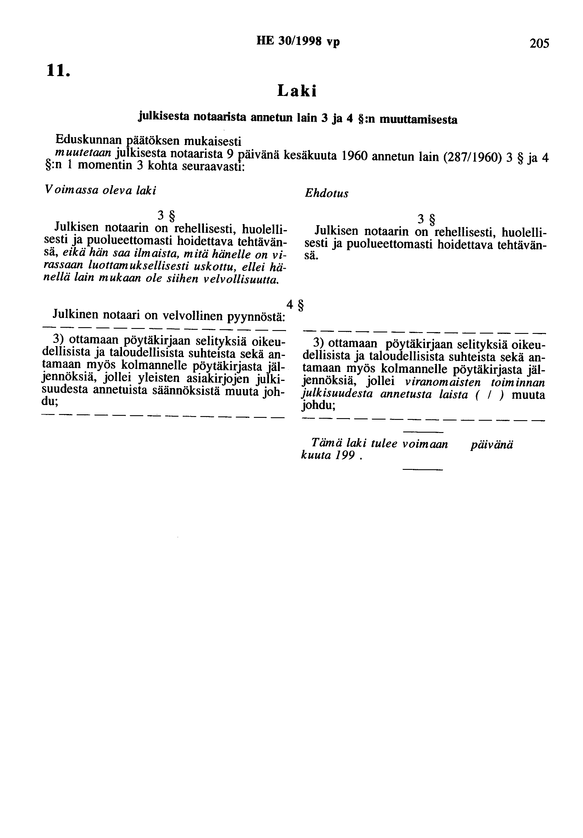 11. HE 30/1998 vp 205 julkisesta notaarista annetun lain 3 ja 4 :n muuttamisesta muutetaan julkisesta notaarista 9 kesäkuuta 1960 annetun lain (287/1960) 3 ja 4 :n 1 momentin 3 kohta seuraavasti: