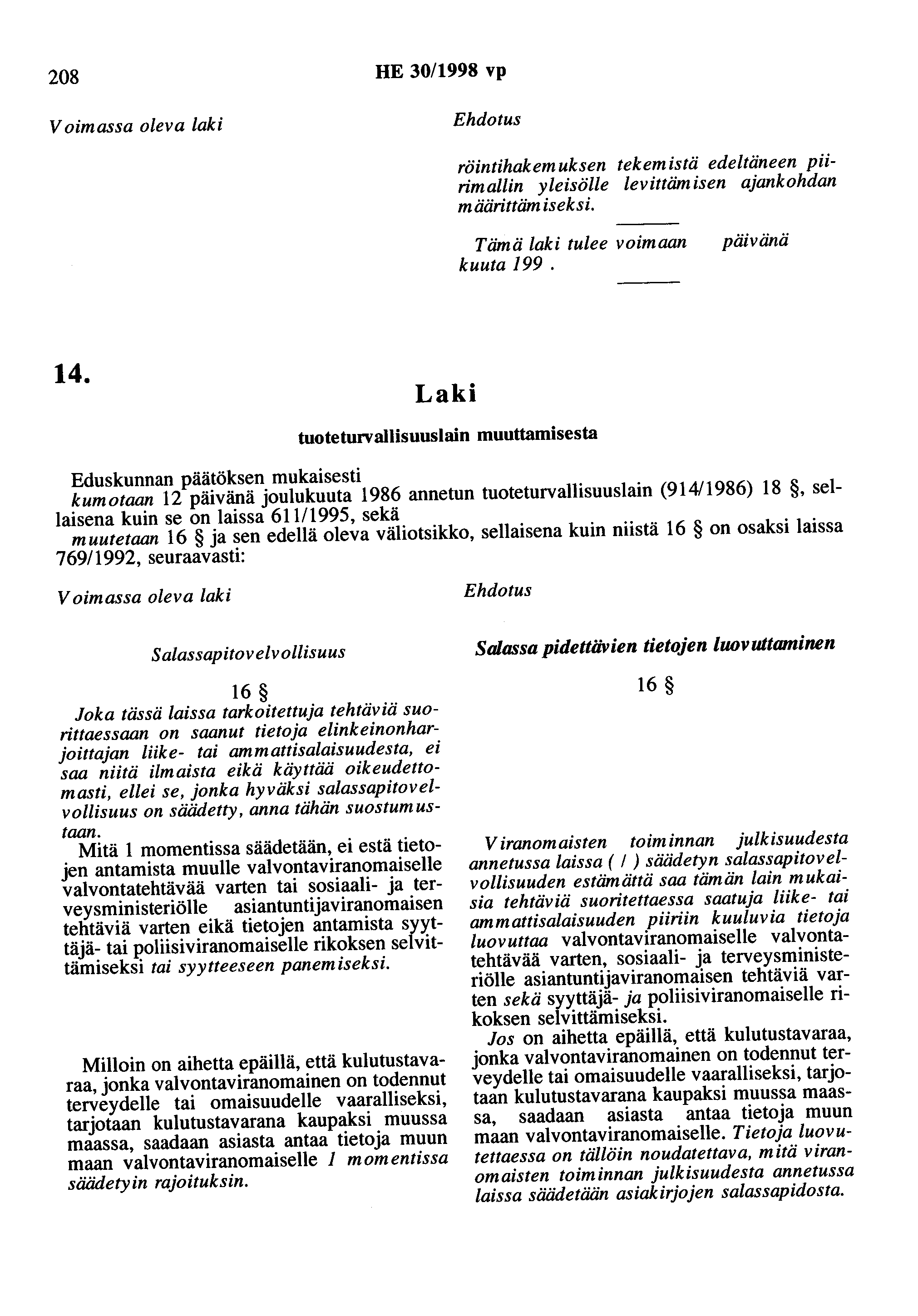 208 HE 30/1998 vp Voimassa oleva laki Ehdotus röintihakemuksen tekemistä edeltäneen piirimallin yleisölle levittämisen ajankohdan määrittäm iseksi. kuuta 199. 14.