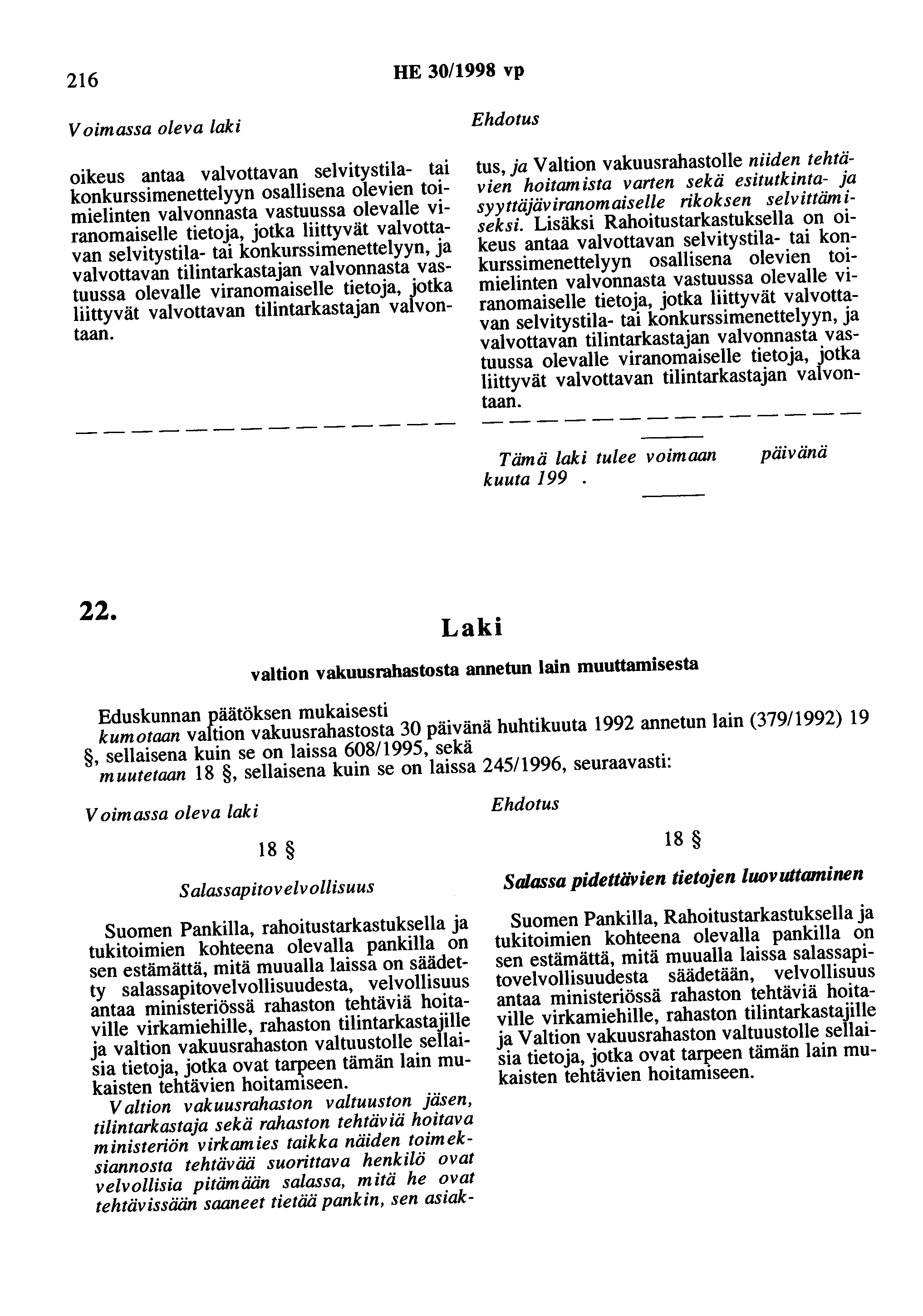 216 HE 30/1998 vp Voimassa oleva laki oikeus antaa valvottavan selvitystila- tai konkurssimenettelyyn osallisena olevien toimielinten valvonnasta vastuussa olevalle viranomaiselle tietoja, jotka