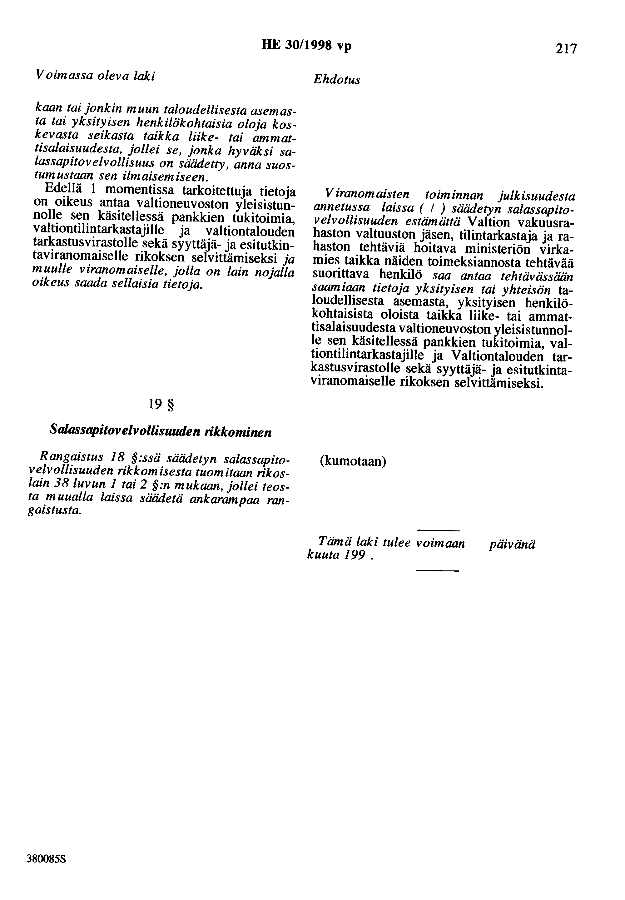HE 30/1998 vp 217 Voimassa oleva laki kaan tai jonkin muun taloudellisesta asemasta tai yksityisen henkilökohtaisia oloja koskevasta seikasta taikka liike- tai ammattisalaisuudesta, jollei se, jonka