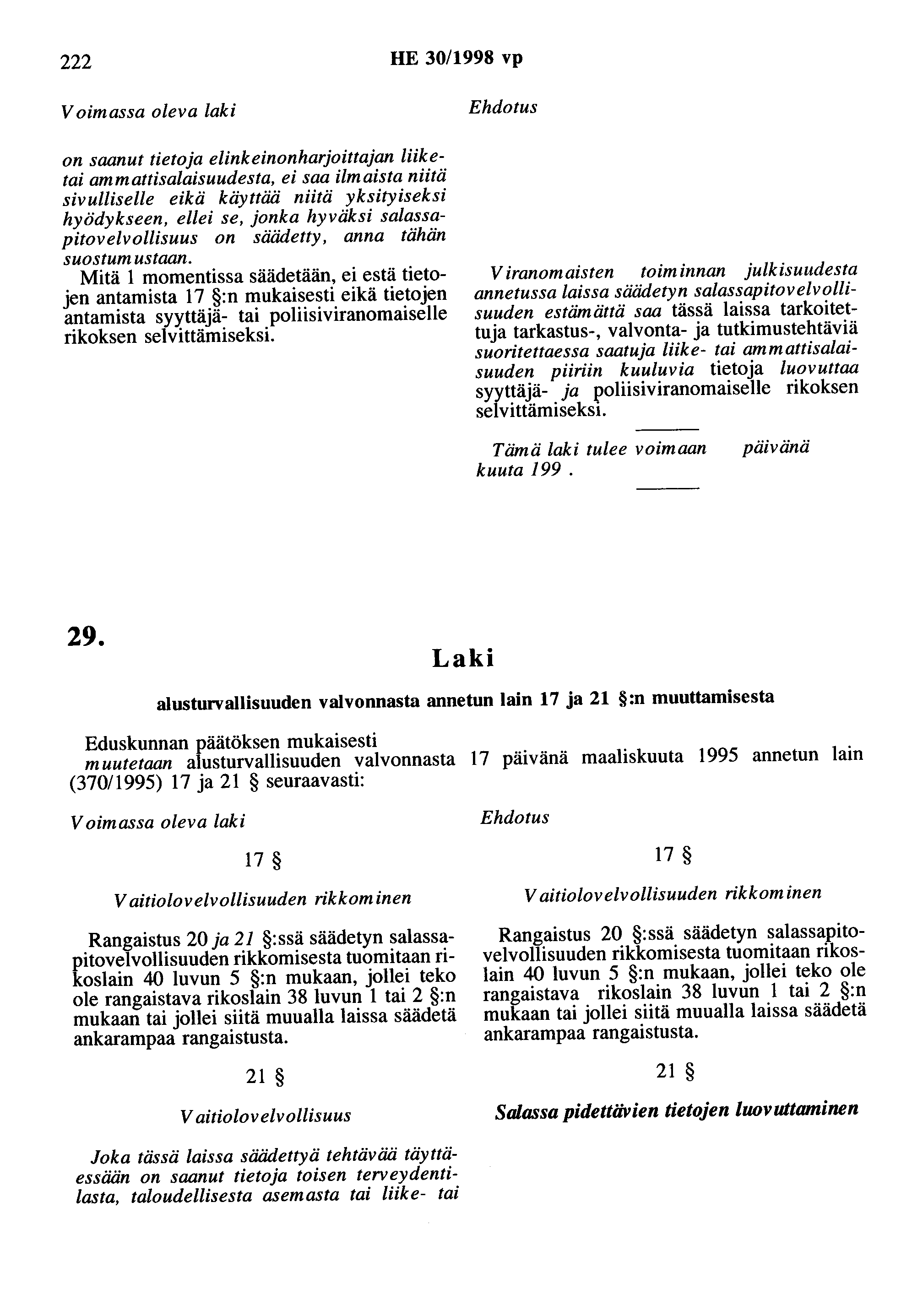 222 HE 30/1998 vp Voimassa oleva laki on saanut tietoja elinkeinonharjoittajan liiketai ammattisalaisuudesta, ei saa ilmaista niitä sivulliselle eikä käyttää niitä yksityiseksi hyödykseen, ellei se,