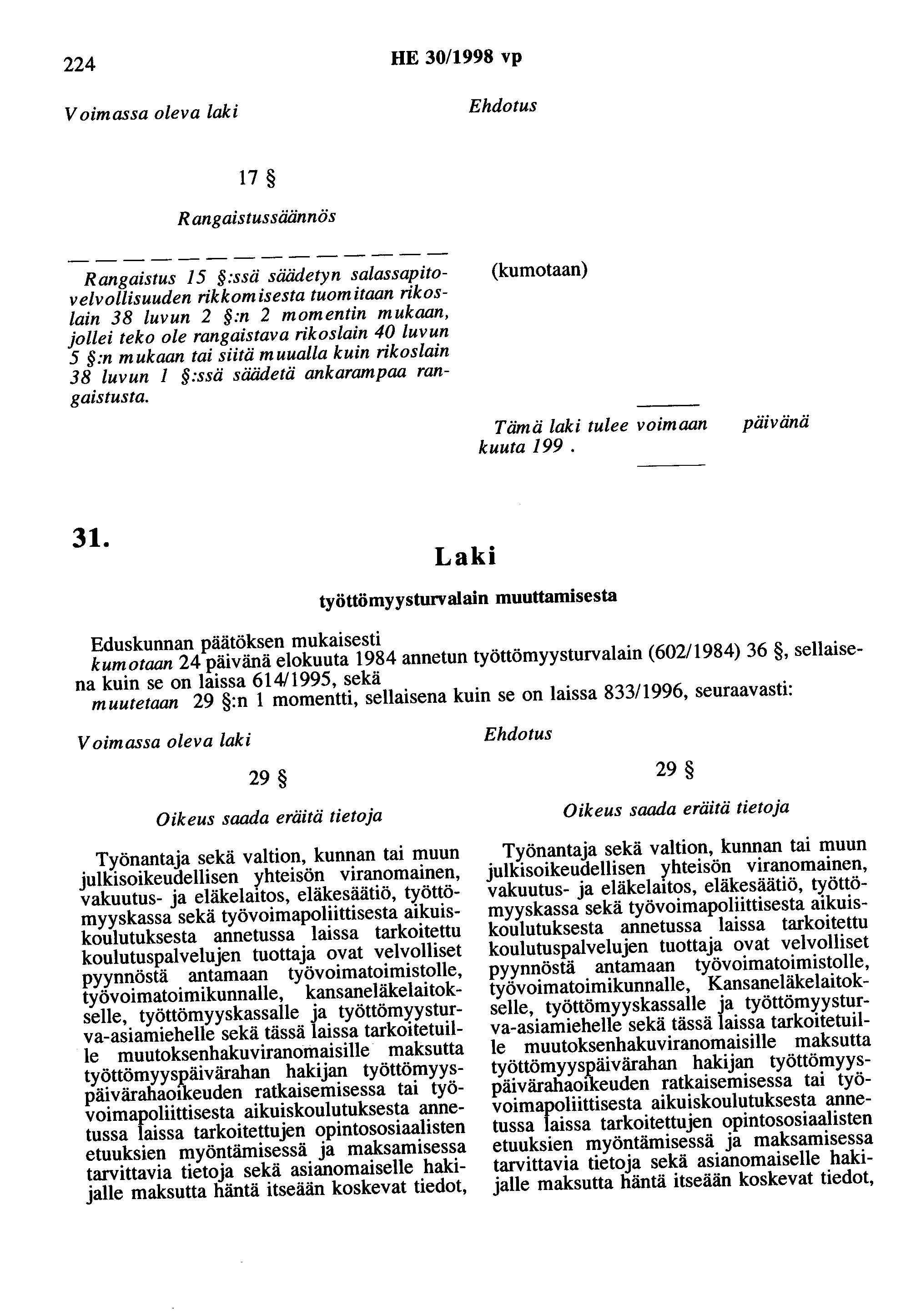 224 HE 30/1998 vp Voimassa oleva laki Ehdotus 17 R angaistussäännös Rangaistus 15 :ssä säädetyn salassapitovelvollisuuden rikkomisesta tuomitaan rikoslain 38 luvun 2 :n 2 momentin mukaan, jollei teko