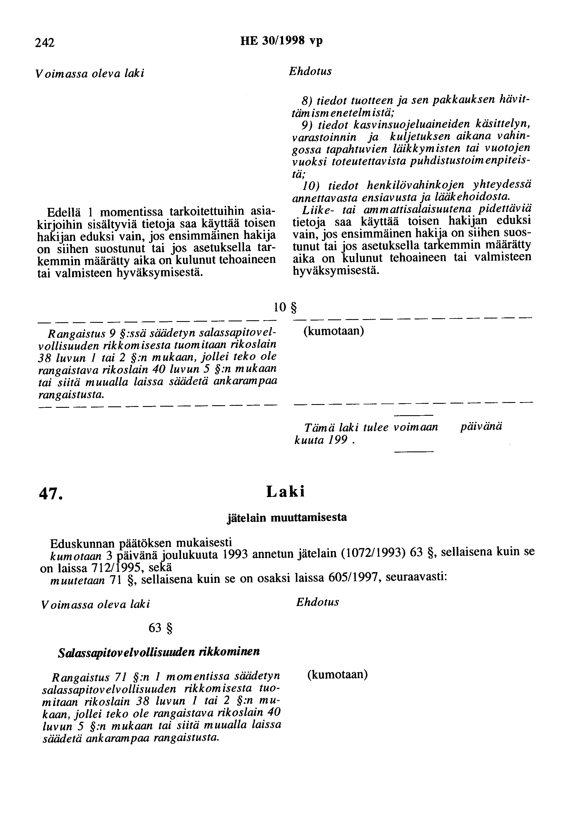 242 HE 30/1998 vp Voimassa oleva laki Edellä 1 momentissa tarkoitettuihin asiakirjoihin sisältyviä tietoja saa käyttää toisen hakijan eduksi vain, jos ensimmäinen hakija on siihen suostunut tai jos