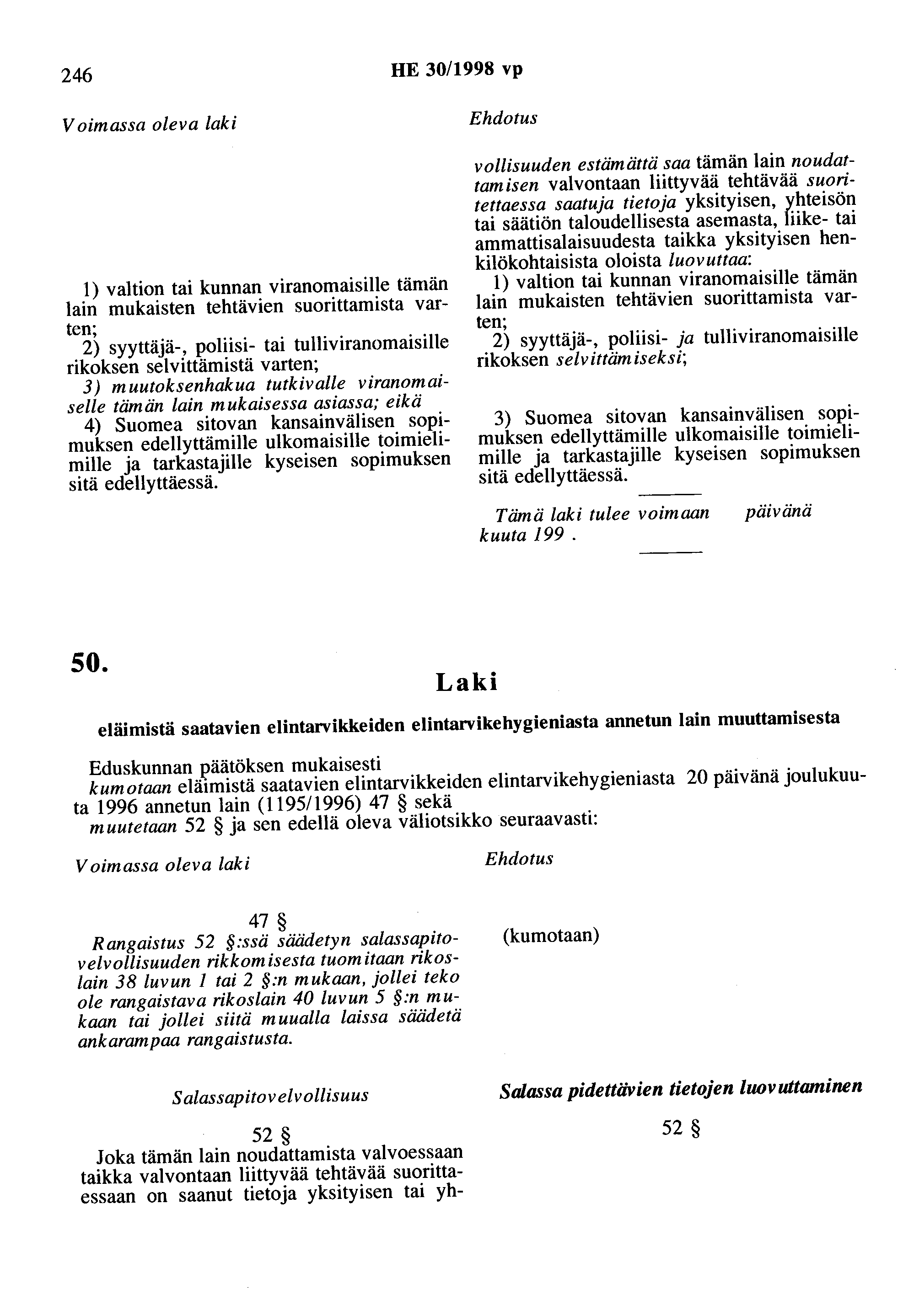 246 HE 30/1998 vp Voimassa oleva laki 1) valtion tai kunnan viranomaisille tämän lain mukaisten tehtävien suorittamista varten 2) syyttäjä-, poliisi- tai tulliviranomaisille rikoksen selvittämistä