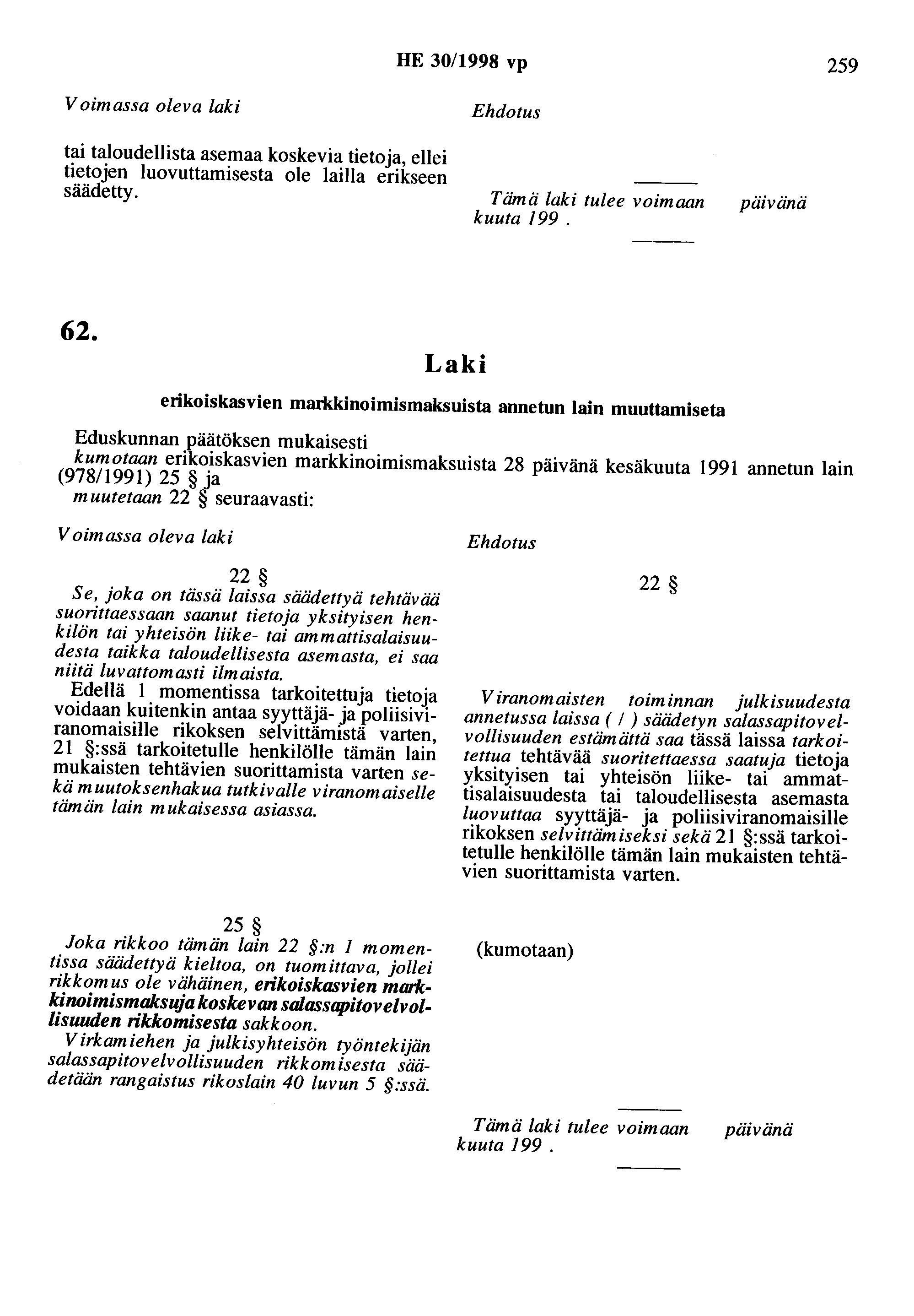 HE 30/1998 vp 259 Voimassa oleva laki tai taloudellista asemaa koskevia tietoja, ellei tietojen luovuttamisesta ole lailla erikseen säädetty. Ehdotus kuuta 199. 62.