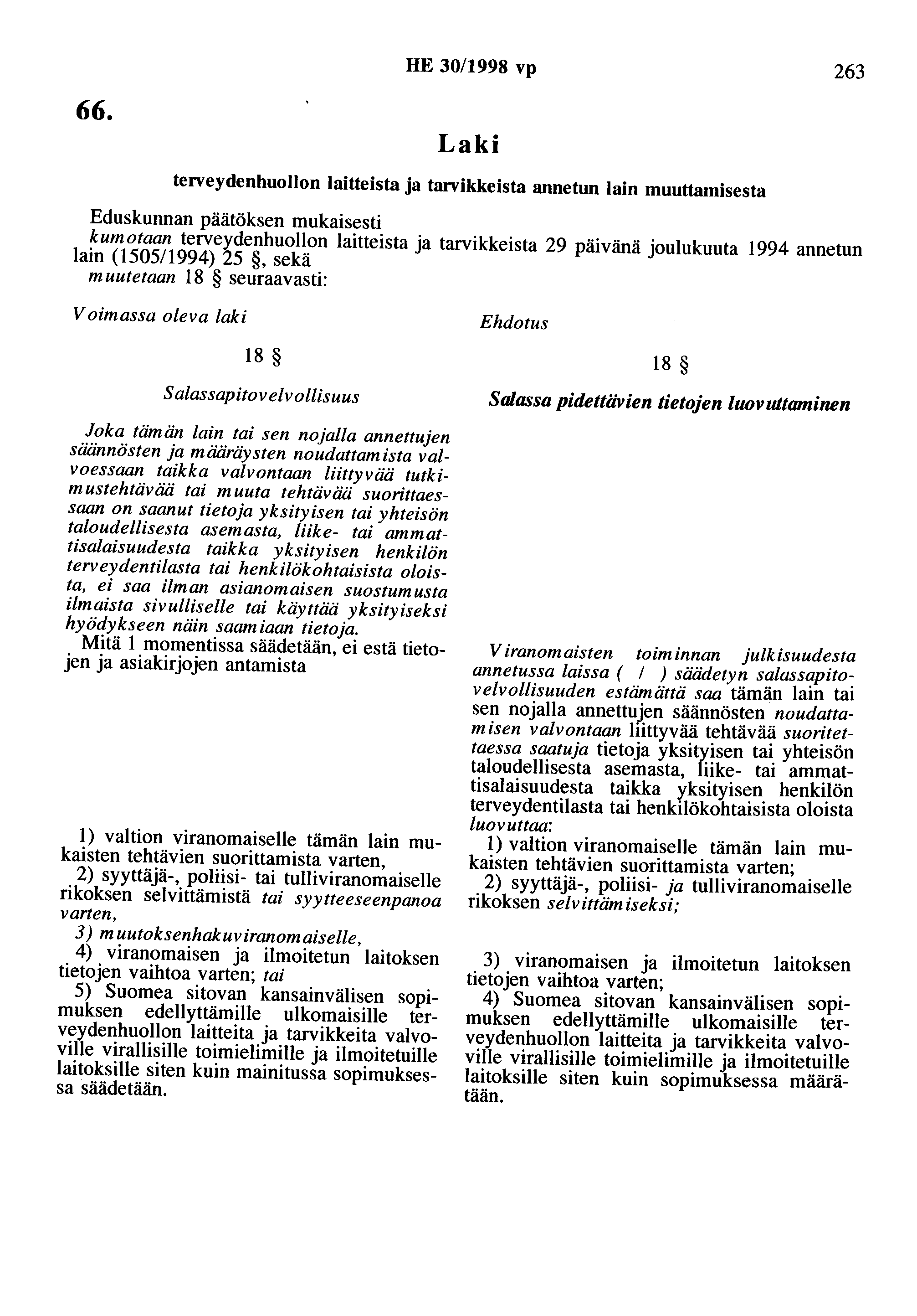 66. HE 30/1998 vp 263 terveydenhuollon laitteista ja tarvikkeista annetun lain muuttamisesta kumotaan terveydenhuollon laitteista ja tarvikkeista 29 joulukuuta 1994 annetun lain (1505/1994) 25, sekä