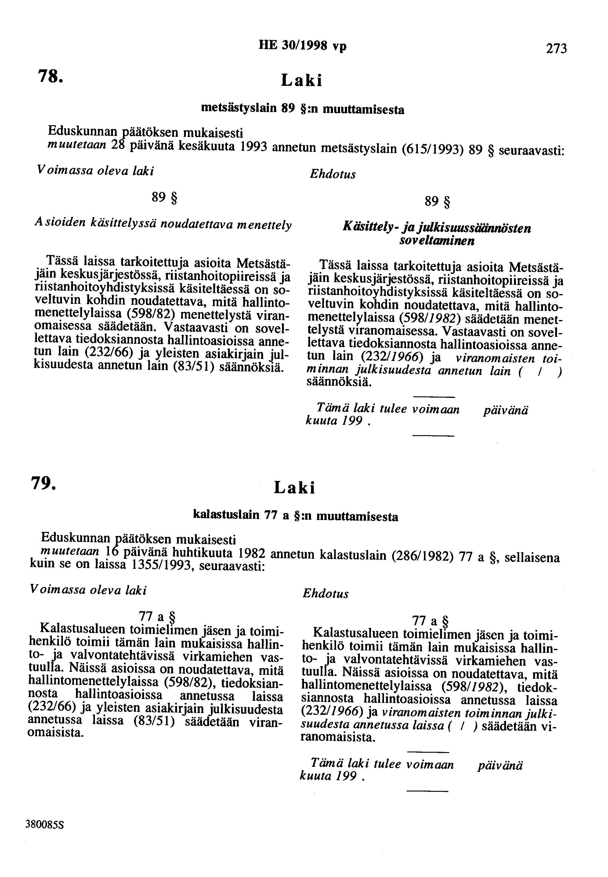 78. HE 30/1998 vp 273 metsästyslain 89 :n muuttamisesta muutetaan 28 kesäkuuta 1993 annetun metsästyslain (615/1993) 89 seuraavasti: Voimassa oleva laki 89 Asioiden käsittelyssä noudatettava
