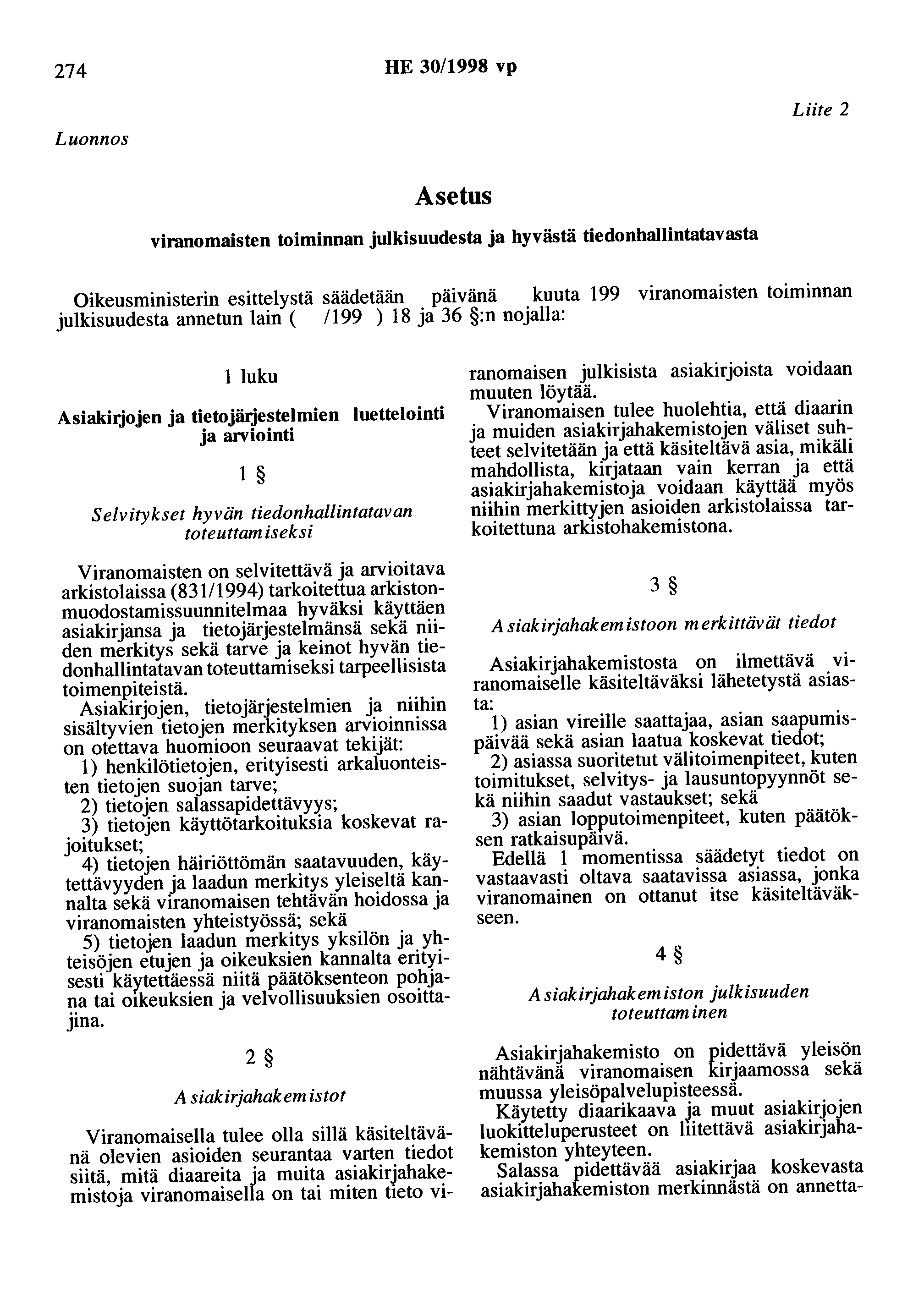 274 HE 30/1998 vp Luonnos Liite 2 Asetus viranomaisten toiminnan julkisuudesta ja hyvästä tiedonhallintatavasta Oikeusministerin esittelystä säädetään kuuta 199 viranomaisten toiminnan julkisuudesta