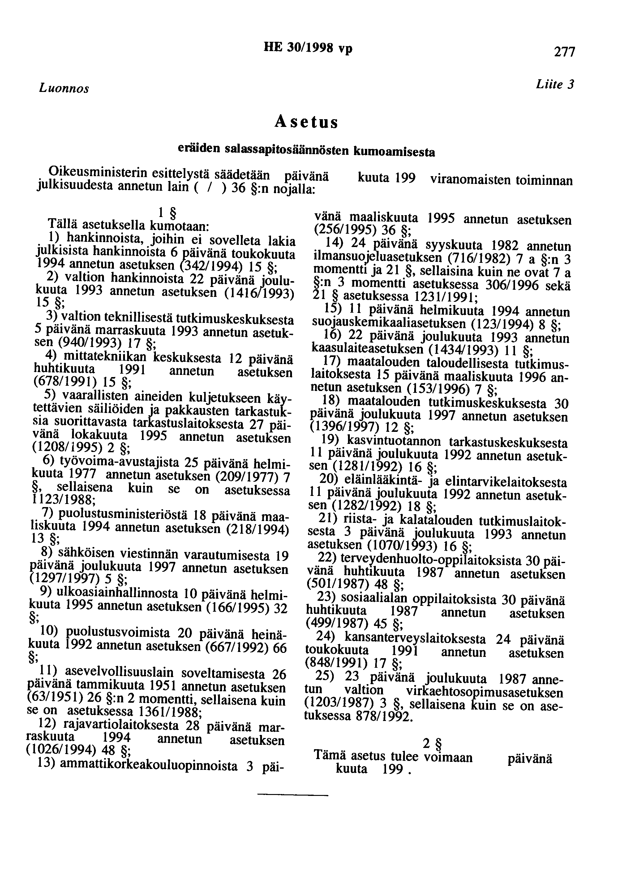 HE 30/1998 vp 277 Luonnos Asetus eräiden salassapitosäännösten kumoamisesta Liite 3 Oikeusministerin esittelystä säädetään julkisuudesta annetun lain ( 1 ) 36 :n nojalla: kuuta 199 viranomaisten