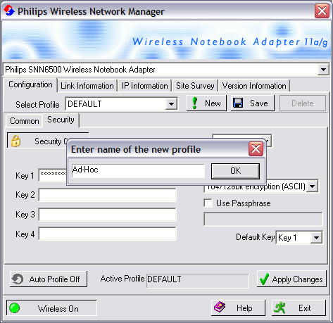 Ad hoc -tietokoneverkon asennus Käynnistä Philipsin langattoman verkon hallintaohjelma Wireless Network Manager Kaksoisnapsauta tehtäväpalkin kuvaketta.
